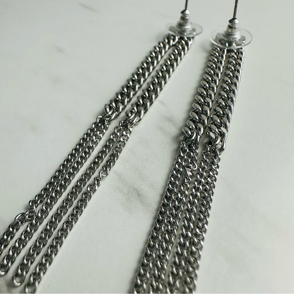 Chic Silver-Tone Multi-Chain Tassel Drop Earrings - Picture 4 of 14